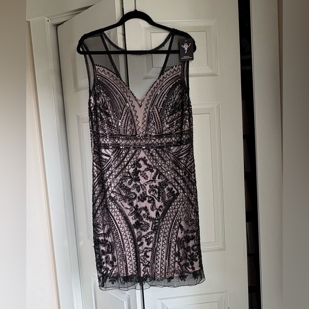 Black Lace Beaded Cocktail Dress - Sleeveless V-Neck